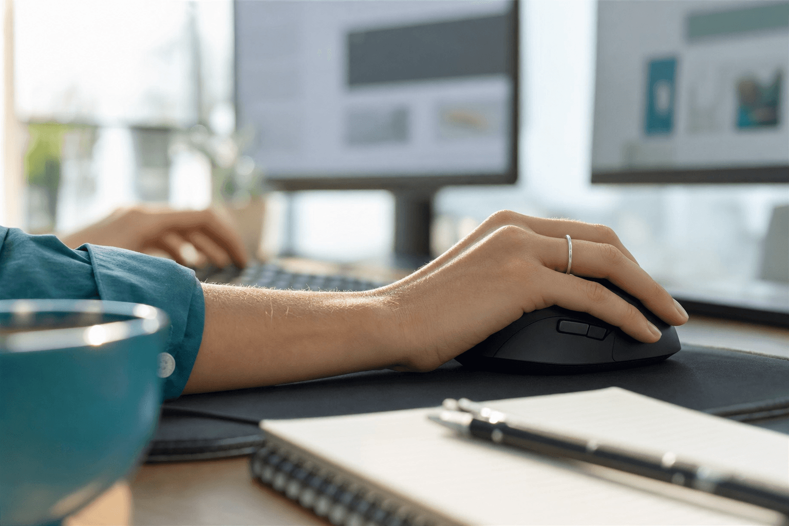 Close-up of an analyst's hands typing on a keyboard and holding the mouse in front of two blurred monitors, with a turquoise mug and blank notebook on the desk.