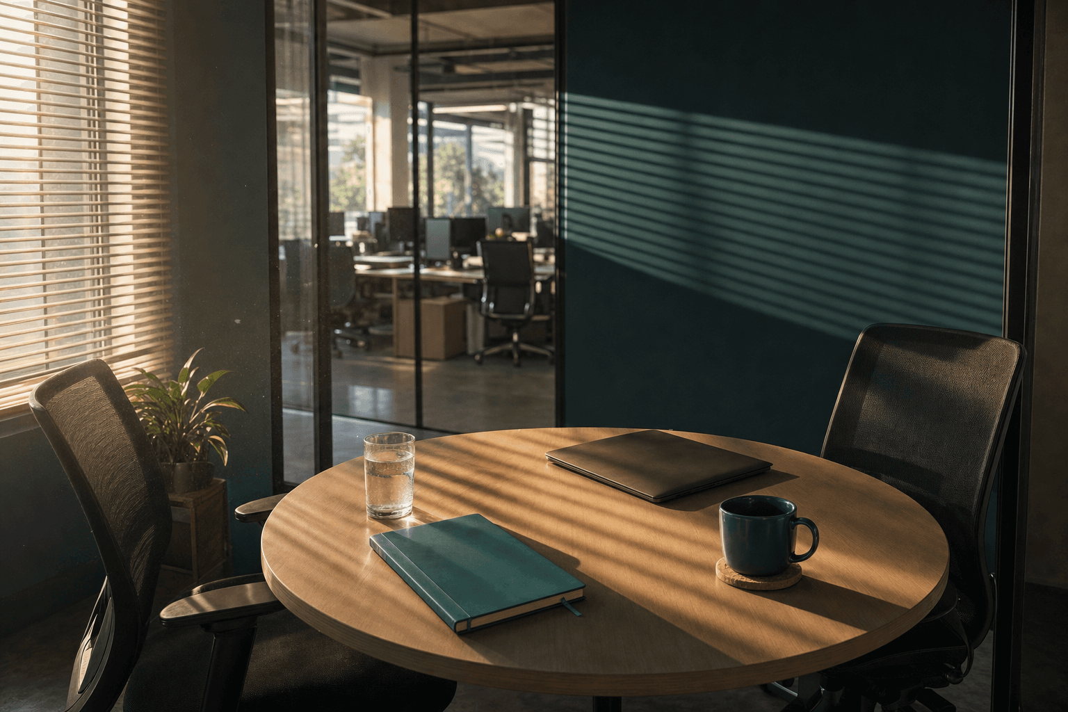 Empty meeting room in a digital marketing agency at the end of the afternoon, with a round table, two chairs facing each other, a closed turquoise notebook and a dark blue wall illuminated by blinds light.